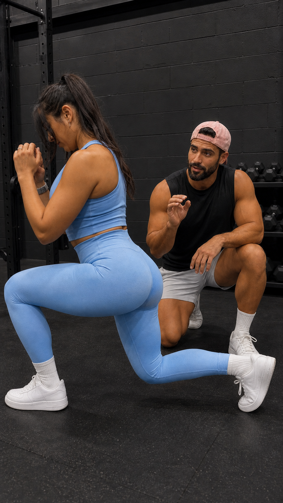 Coach Ryan guiding a woman through a split-squat exercise in a gym